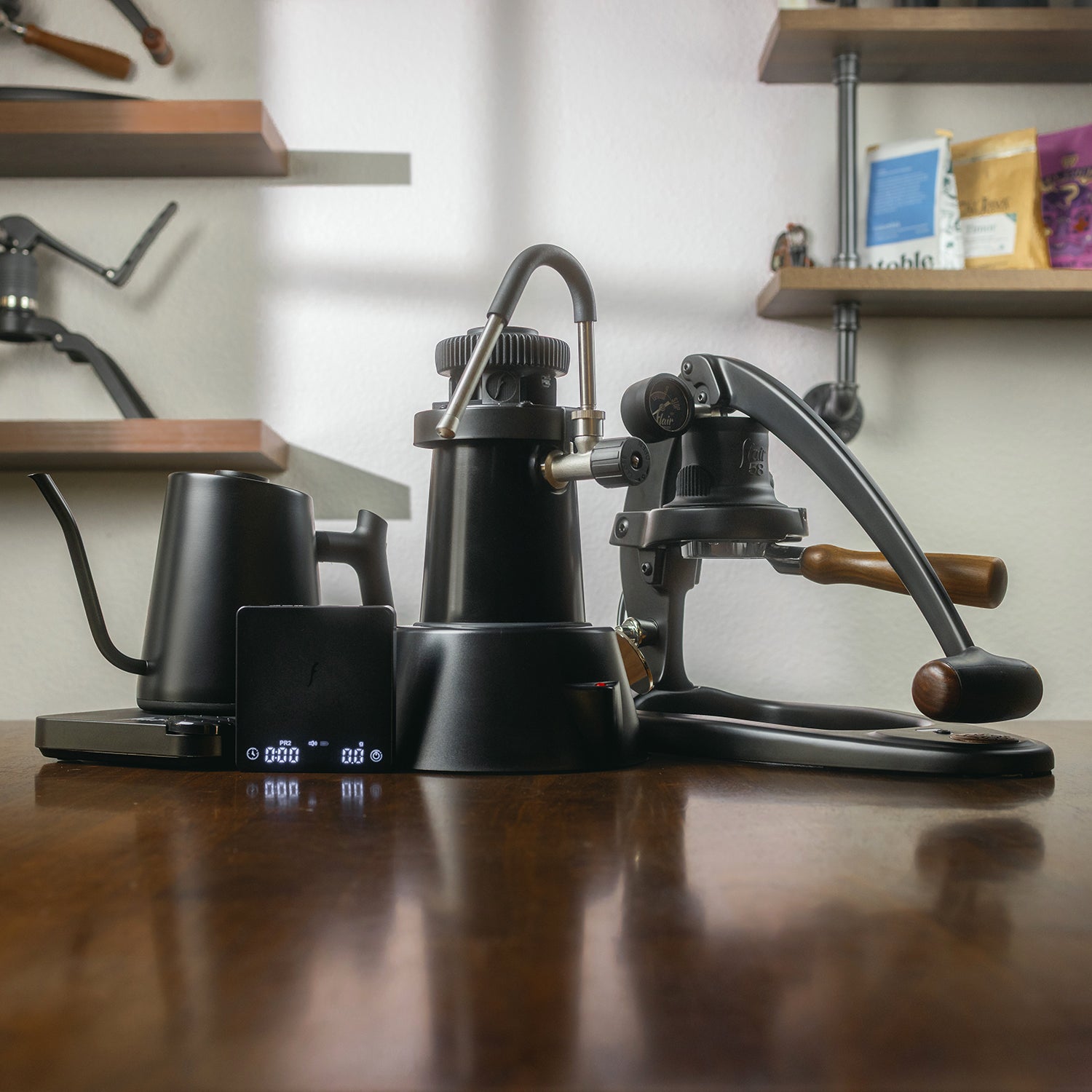 Full Espresso Bar featuring the Flair 58 Plus 2, Flair Kettle, Flair Brew Scale and Flair eWizard Steamer 110v
