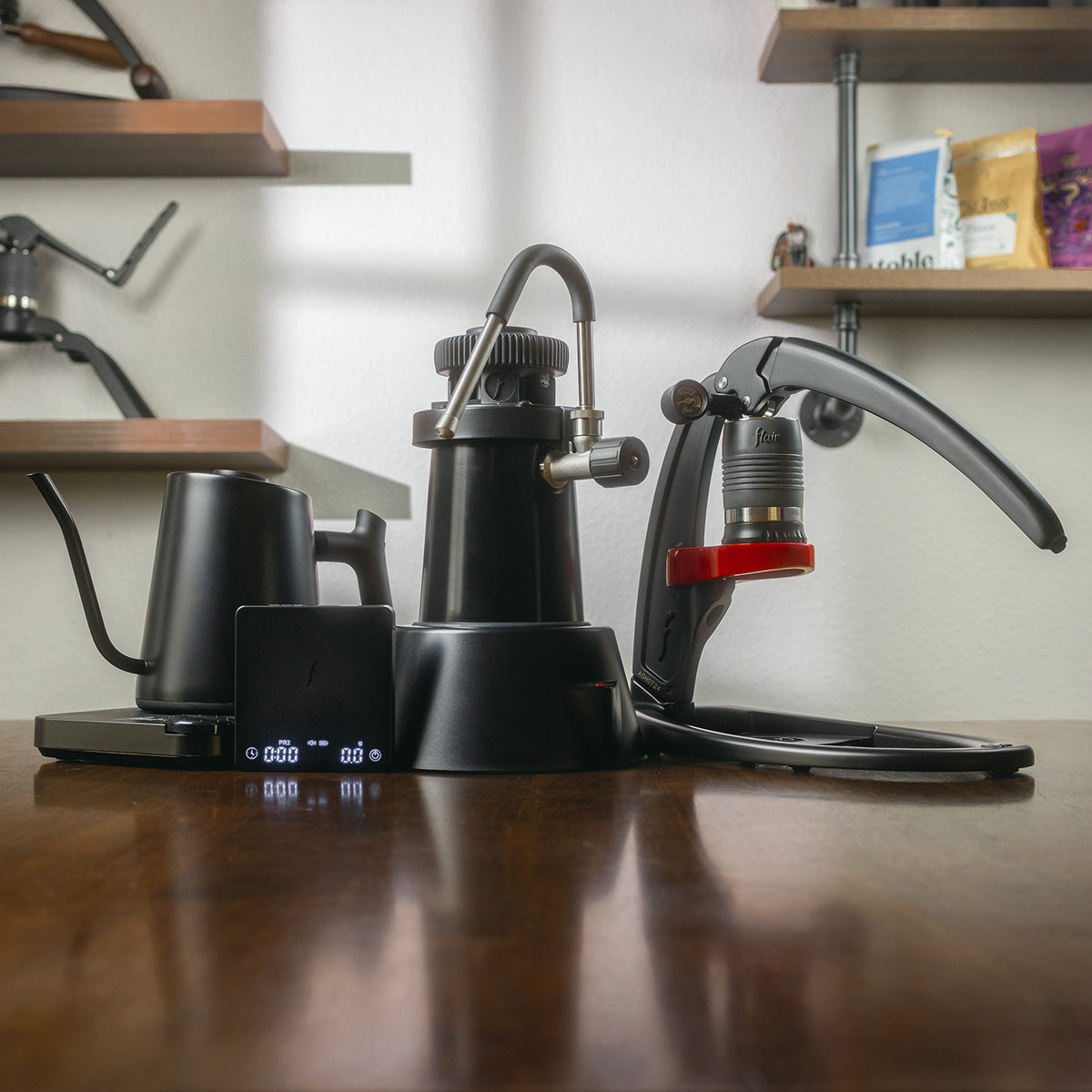 Full Espresso Bar with the Flair Classic, eWizard milk steamer, Brew Scale and Flair Kettle.