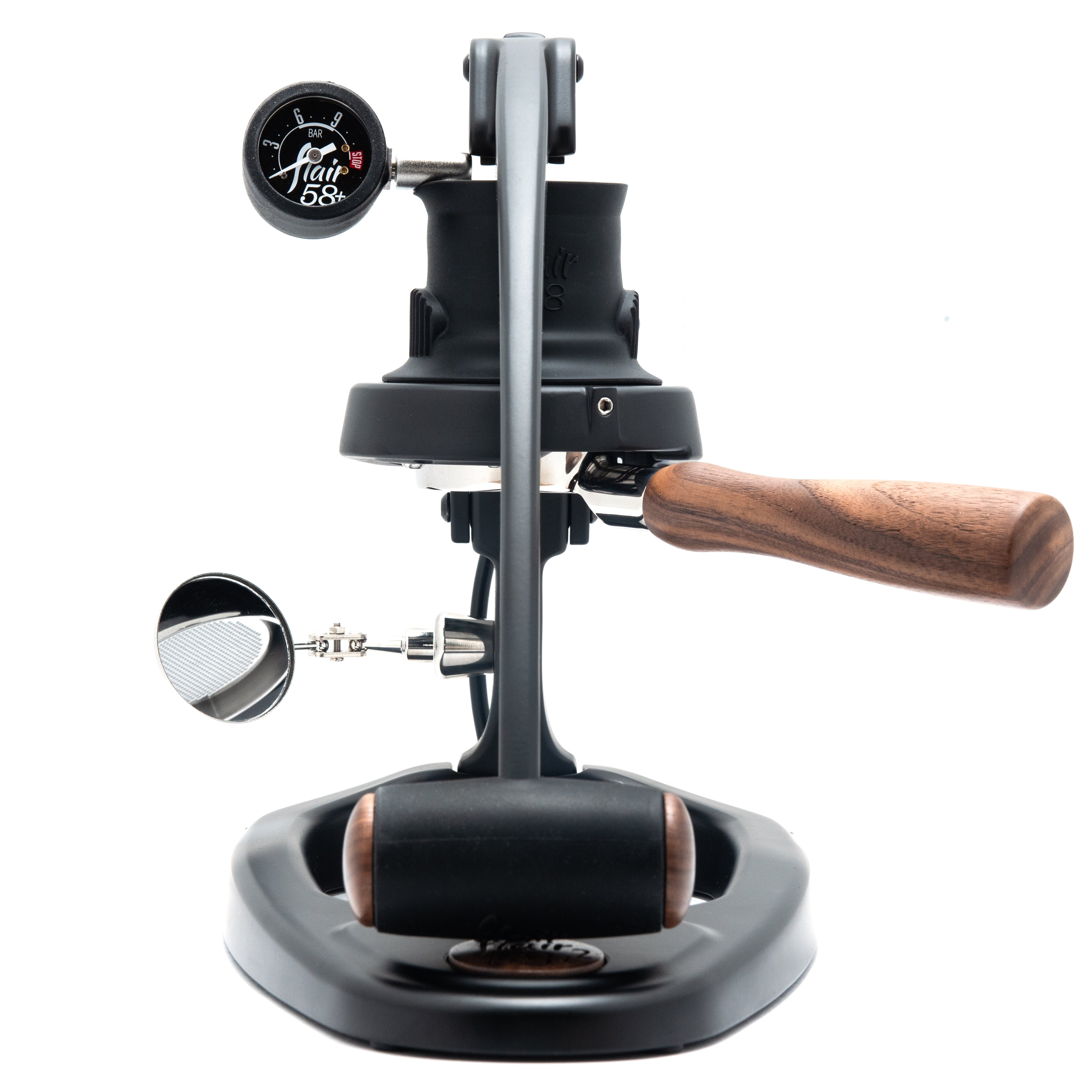 Manual espresso machine with wooden handle on a white background