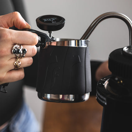 Flair Milk Pitcher being used for steaming milk with the Wizard Steamer.